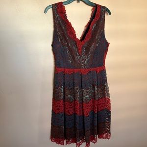 NSR Red and Navy Lace Midi Dress